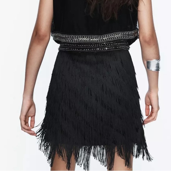 Zara Women’s Velvet Wrap Mini Skirt with Rhinestones & Fringing - Size L - Picture 4 of 12